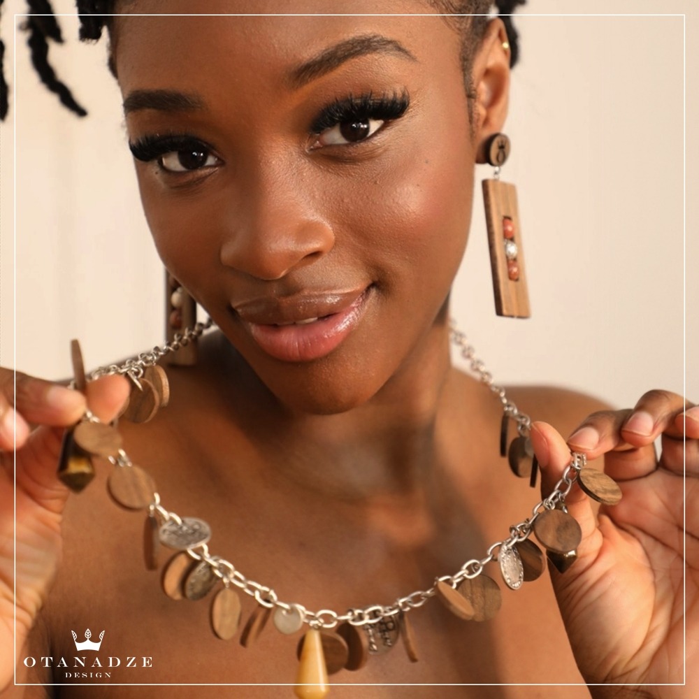 Handmade Wooden Necklace and Bracelet with Tiger Eye stone and Pearls