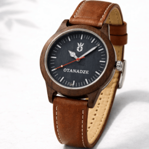 Handmade wooden watch with brown strap by OTANADZE.
