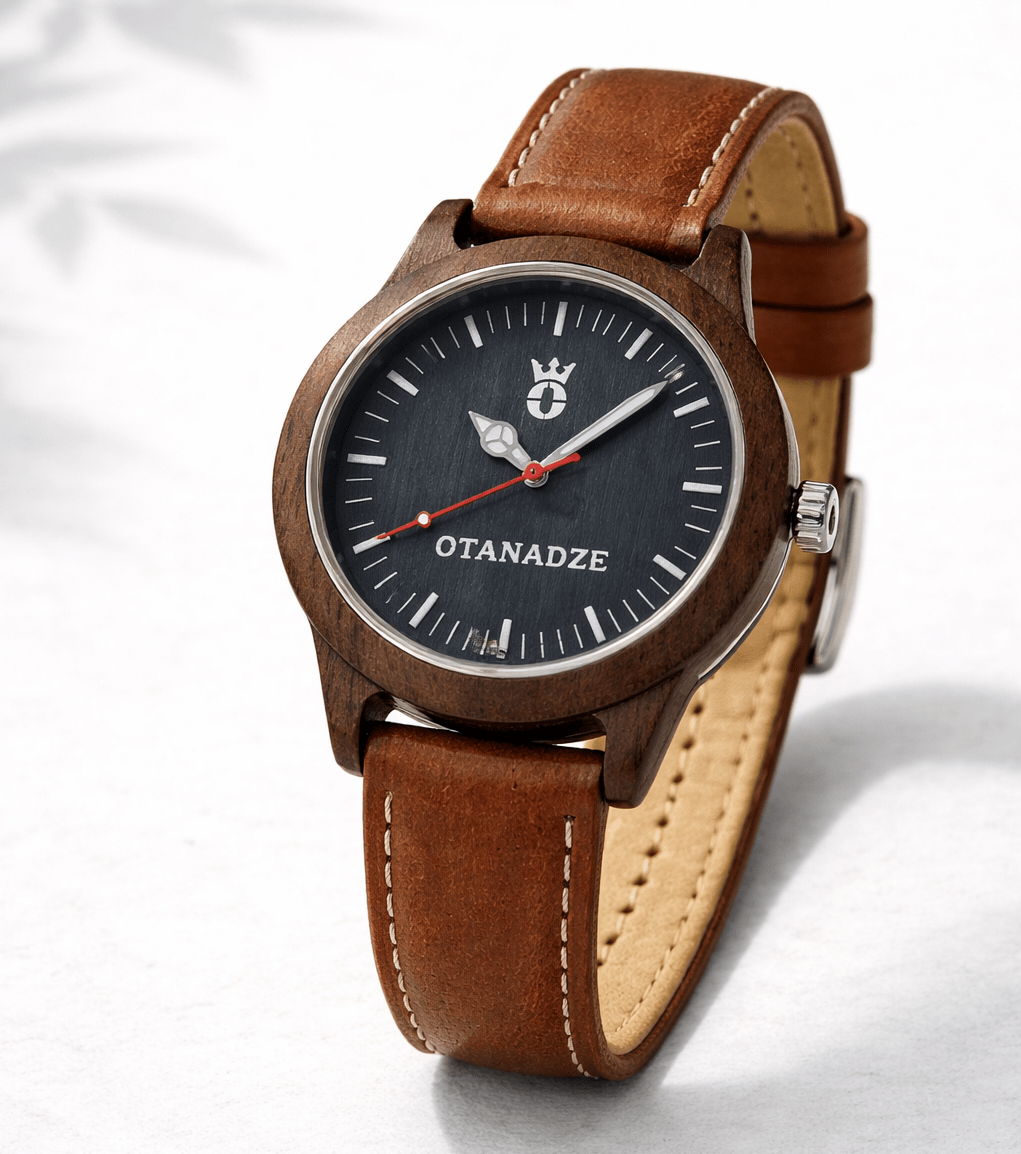 Handmade wooden watch with brown strap by OTANADZE.