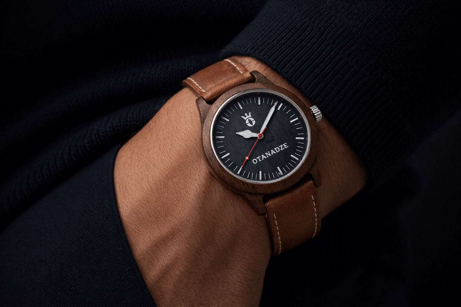 Handmade wooden watch with brown strap by OTANADZE.