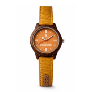 Handmade wooden watch with yellow strap by OTANADZE.