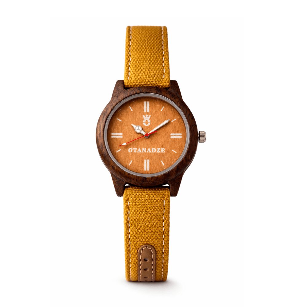 Handmade wooden watch with yellow strap by OTANADZE.