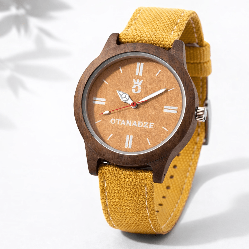 Handmade wooden watch with yellow strap by OTANADZE.