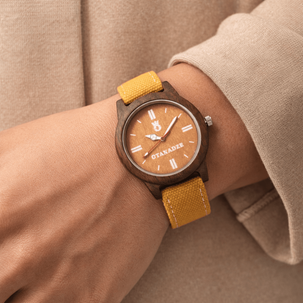 Handmade wooden watch with yellow strap by OTANADZE.