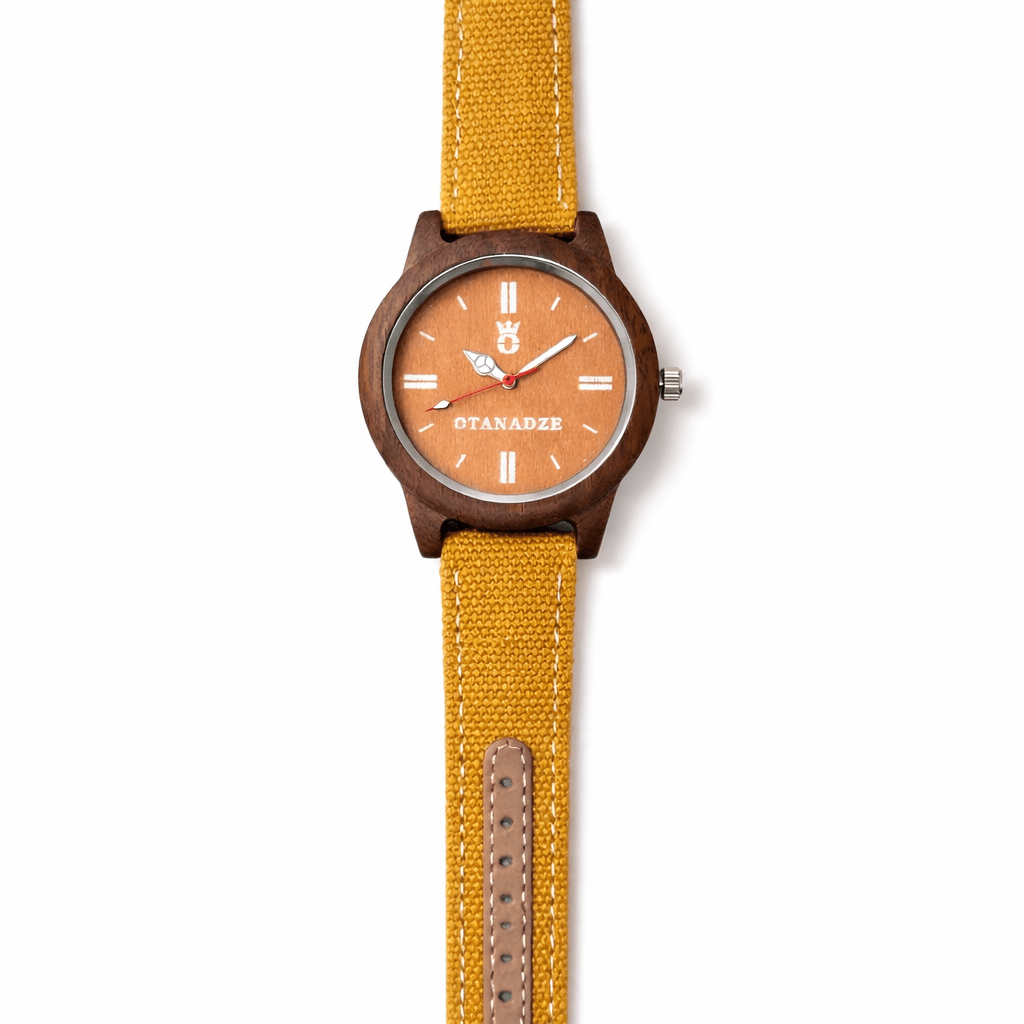 Handmade wooden watch with yellow strap by OTANADZE.